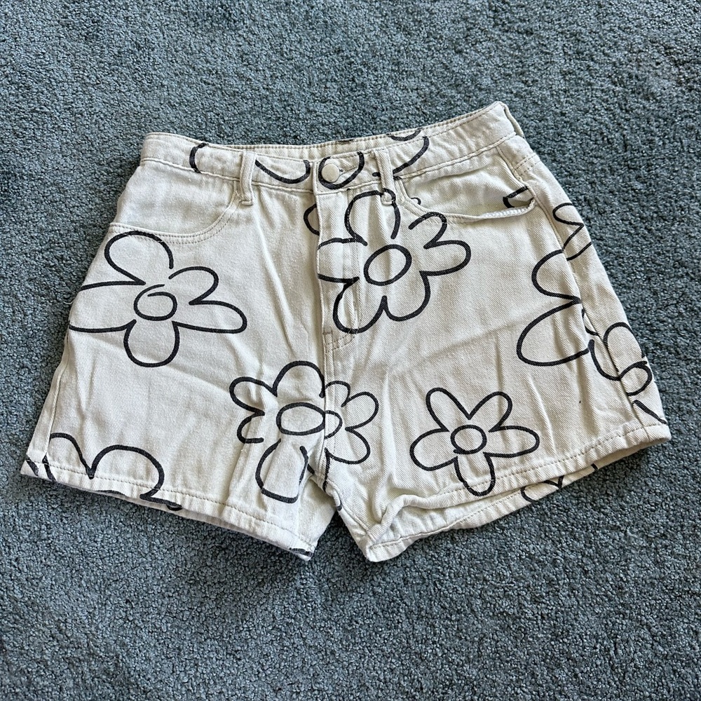 White with black flowers jean shorts